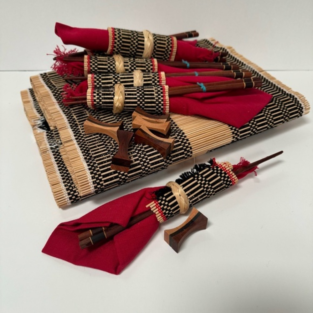 NWOT Japanese play settings bamboo mat chopsticks wood holder red napkins